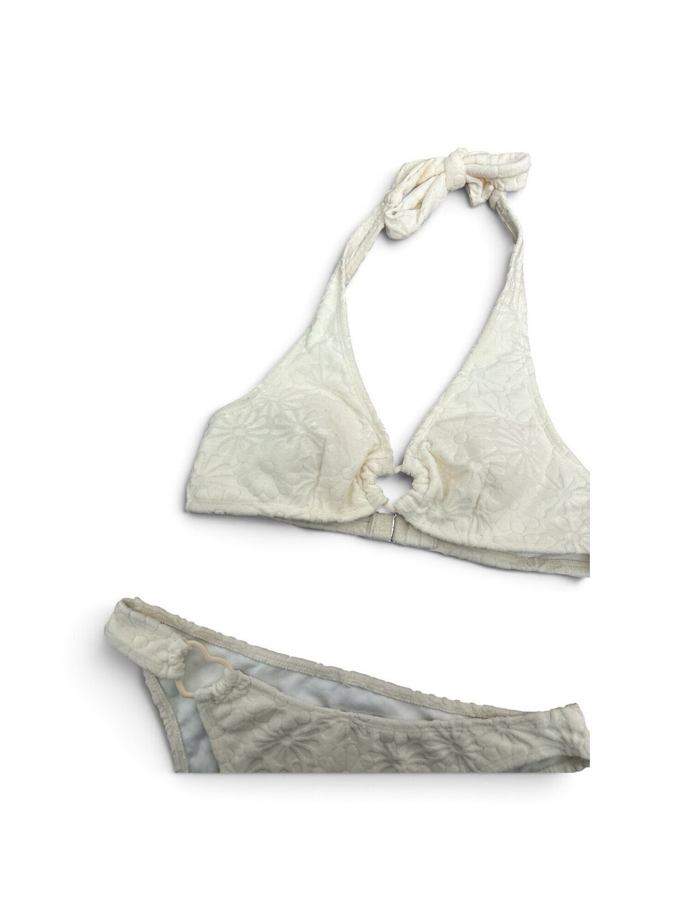 Women’s Ivory Floral Jacquard Textured Halter Triangle Lined 2pc Bikini L